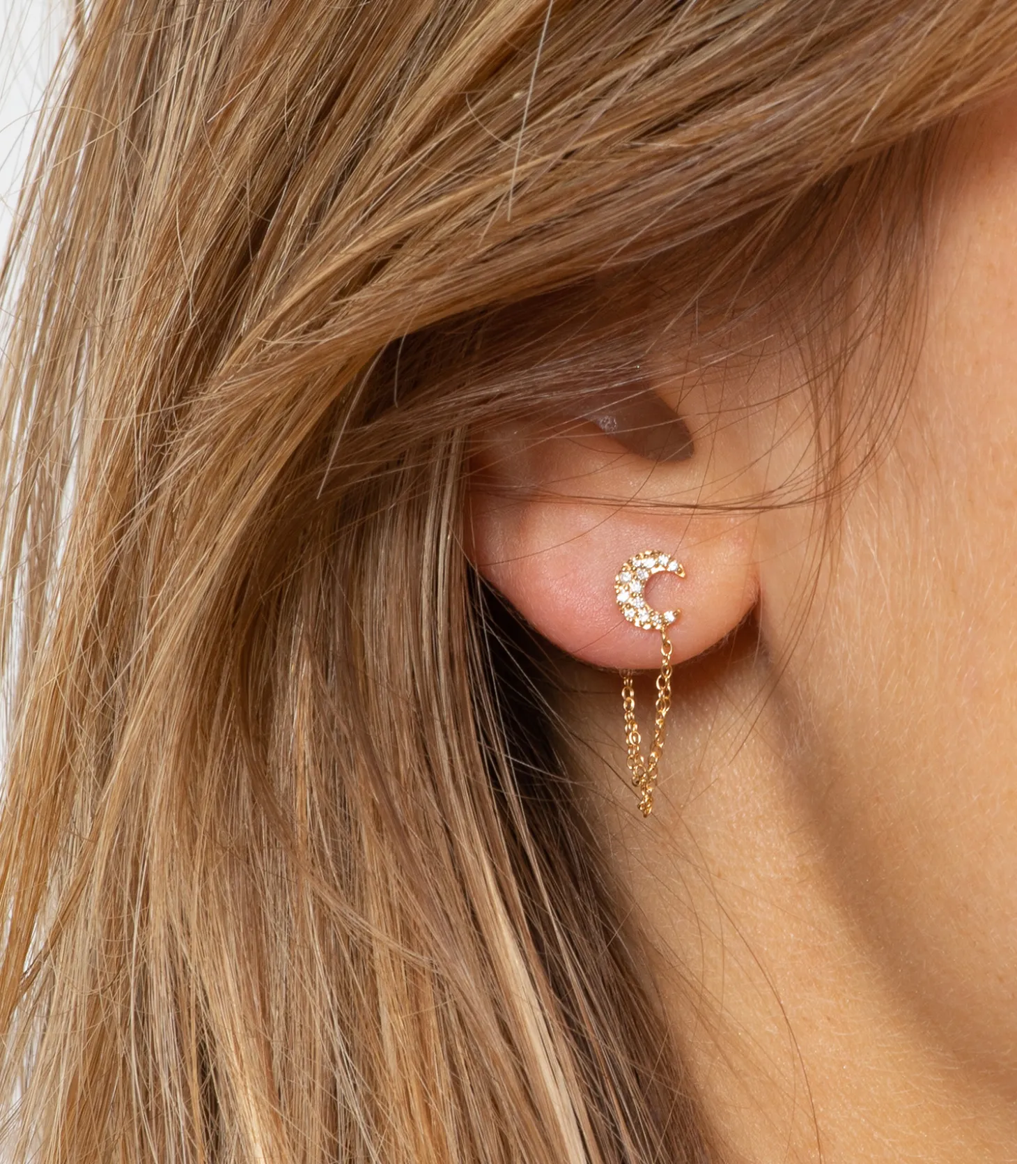 Boucle d'oreille stud lune pavée et chaîne-And... Paris New