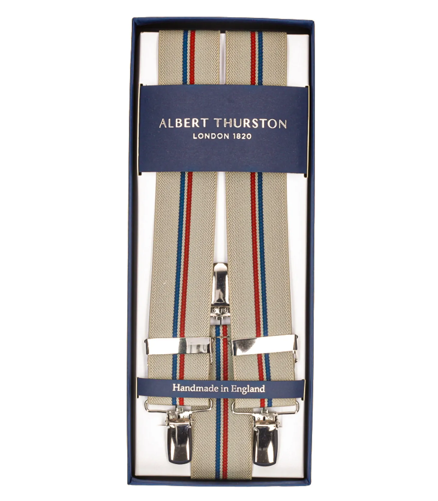 Bretelles Elastic Clip Beige à rayures bleu et rouge-Albert Thurston Discount