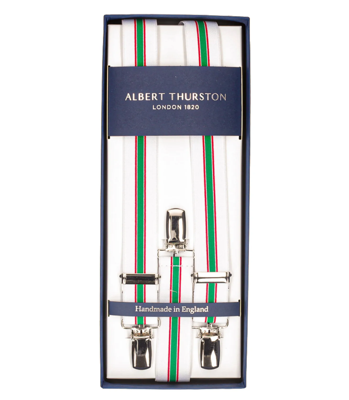 Bretelles Elastic Clip Blanches à rayures rouge et verte-Albert Thurston Discount