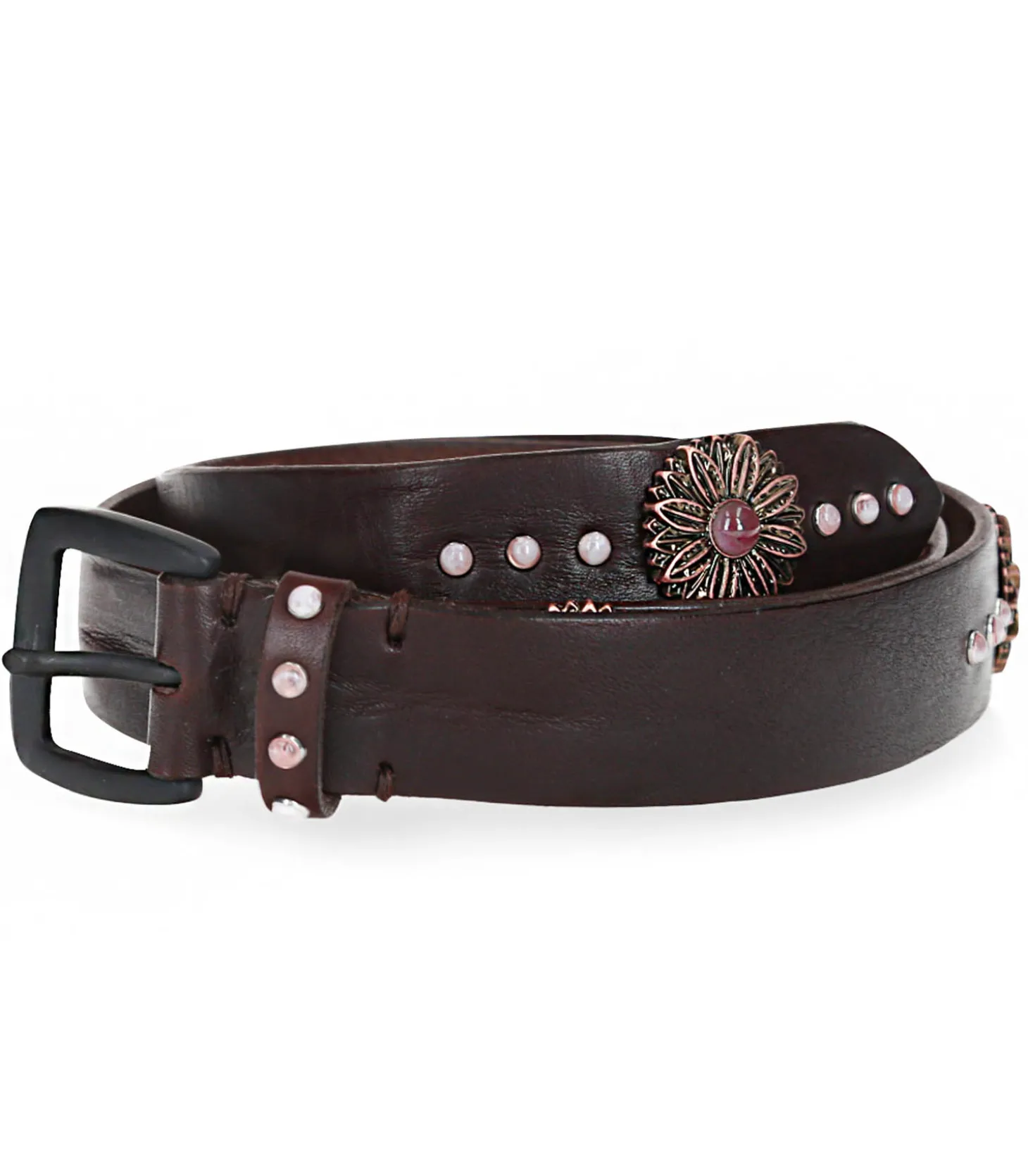 Ceinture en Cuir Tamponnée Perles et Fleurs Marron x Jane de Boy-Puntovita & Arsenice Outlet