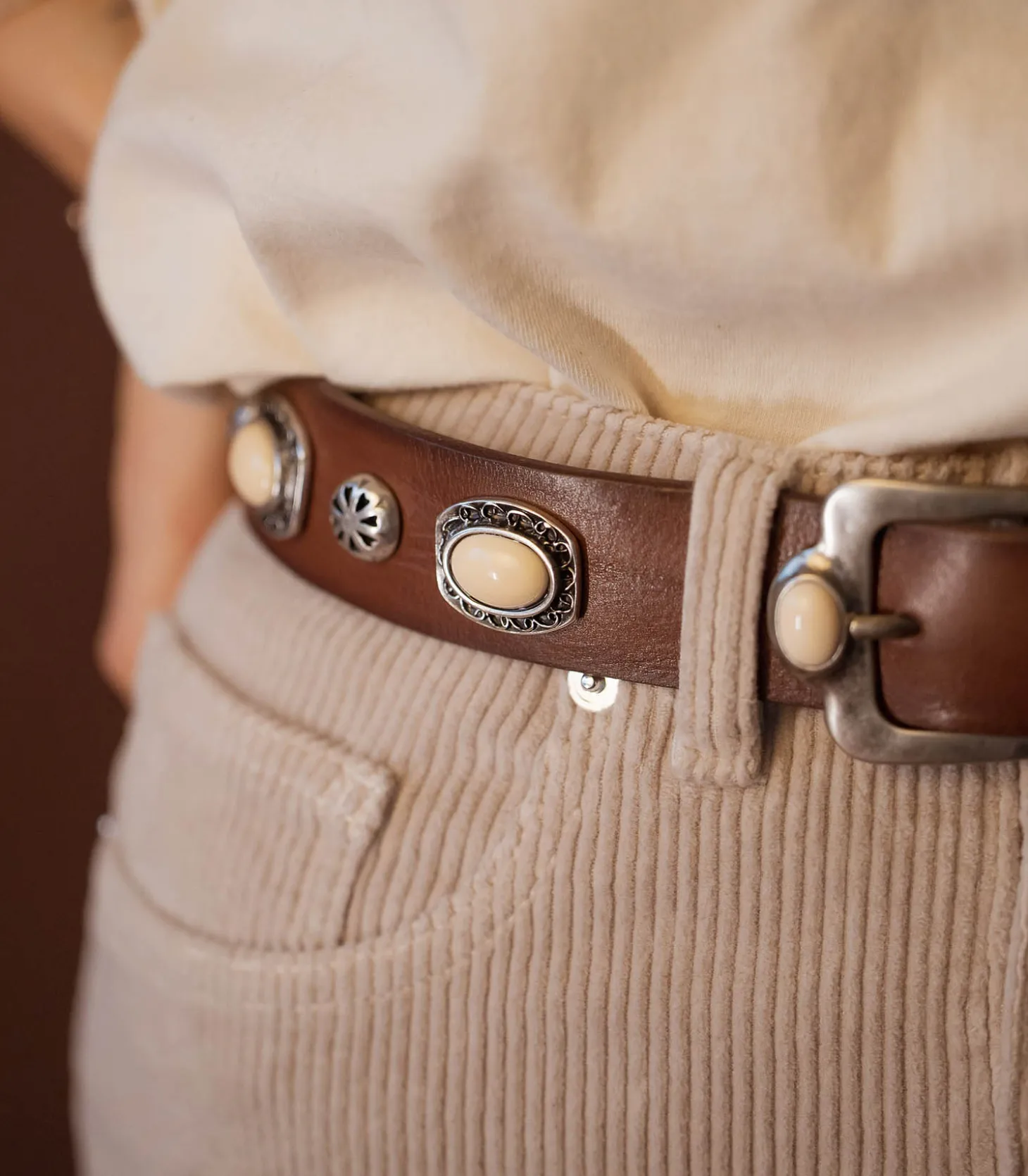 Ceinture en Cuir Tamponnée Pierres Marron x Jane de Boy-Puntovita & Arsenice Sale