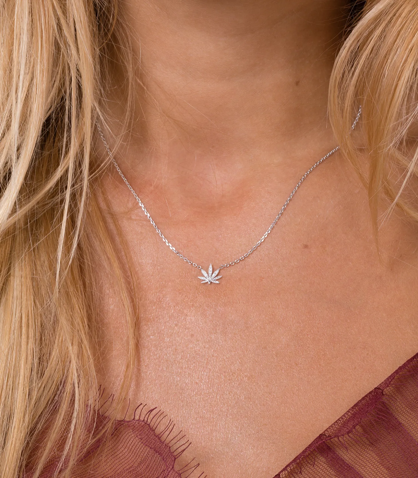 Collier mini feuille des merveilles or blanc diamants-Stone Paris Clearance