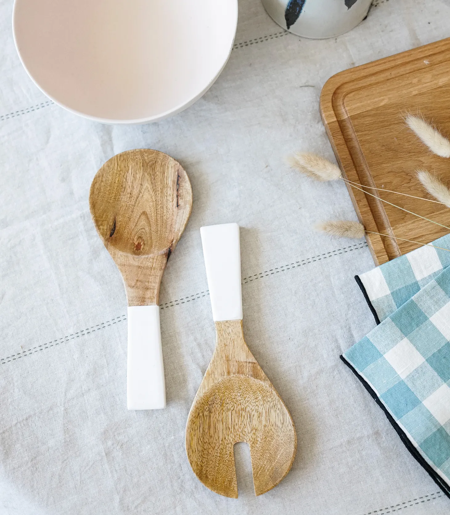 Petits couverts de service en bois de manguier et émail blanc-Be Home Outlet